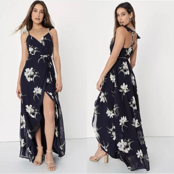LULUS All Mine Large Navy Blue Wrap Dress‎ Spaghetti Strap Ruffle Floral Wedding - Picture 1 of 9